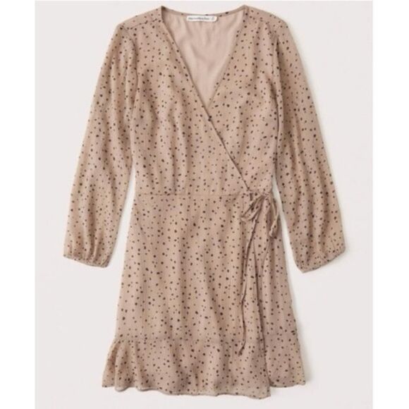 Abercrombie & Fitch Chiffon Wrap Long Sleeve Mini Dress in Tan/Black Spot size S - Picture 1 of 12